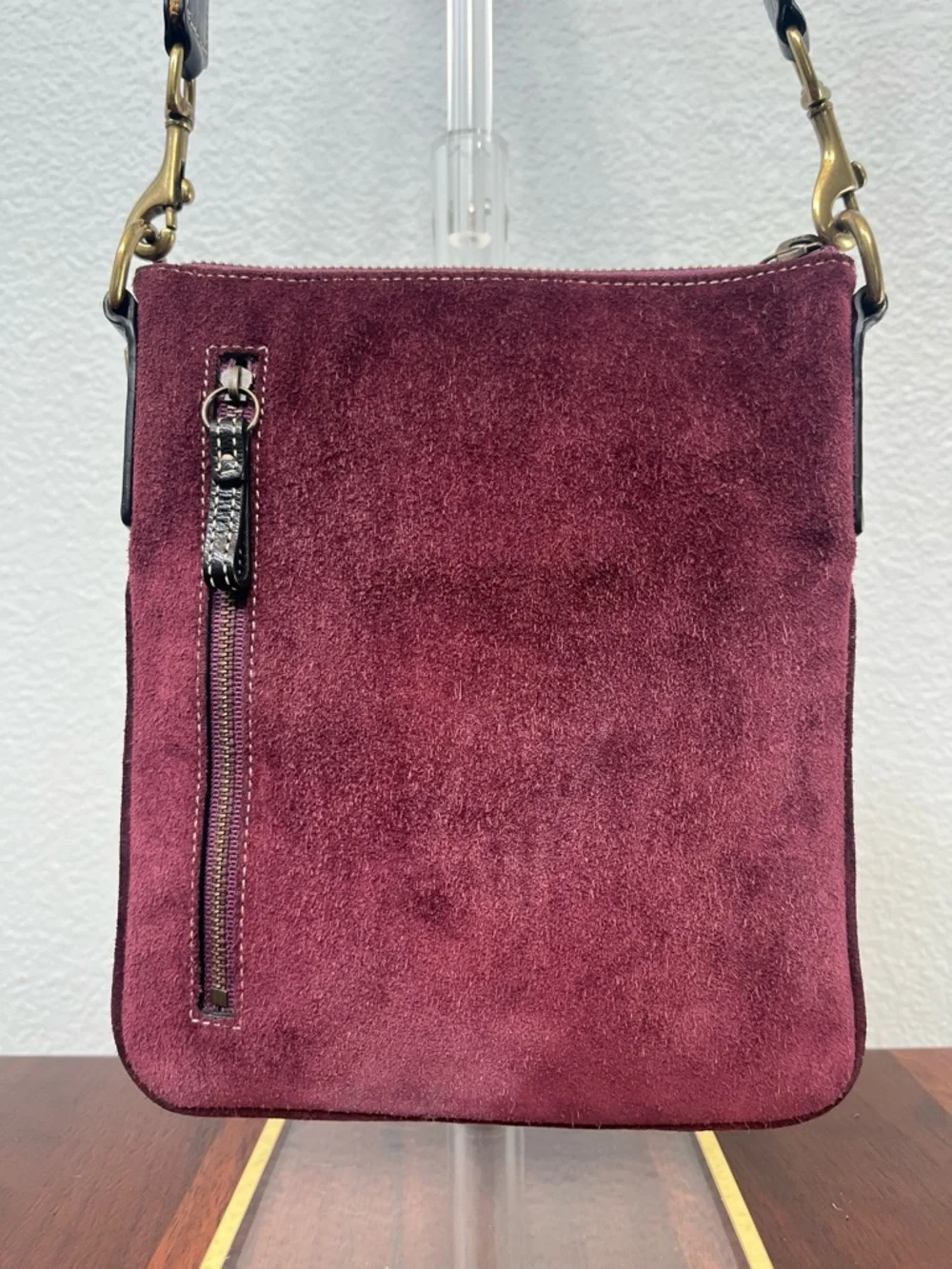 Coach Burgundy Suede Crossbody Bag with Black Trim & Gold Hardware